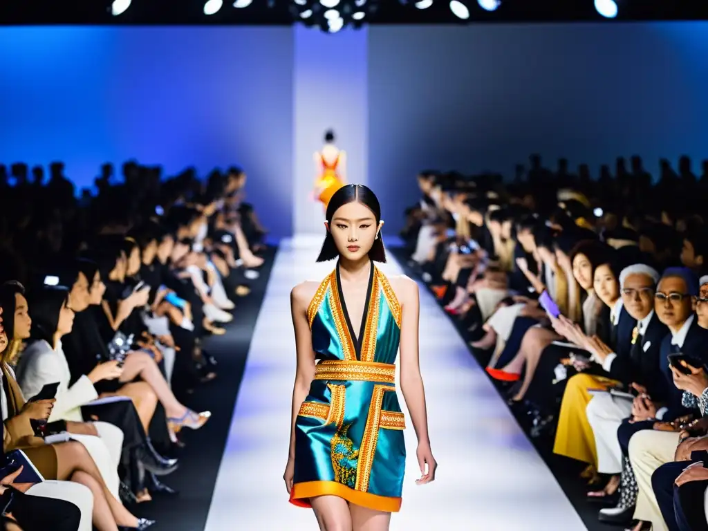 Desfile de moda japonés: colores y diseños innovadores Desfile de moda vibrante en Japan Fashion Week con innovaciones de diseñadores destacados y colores llamativos
