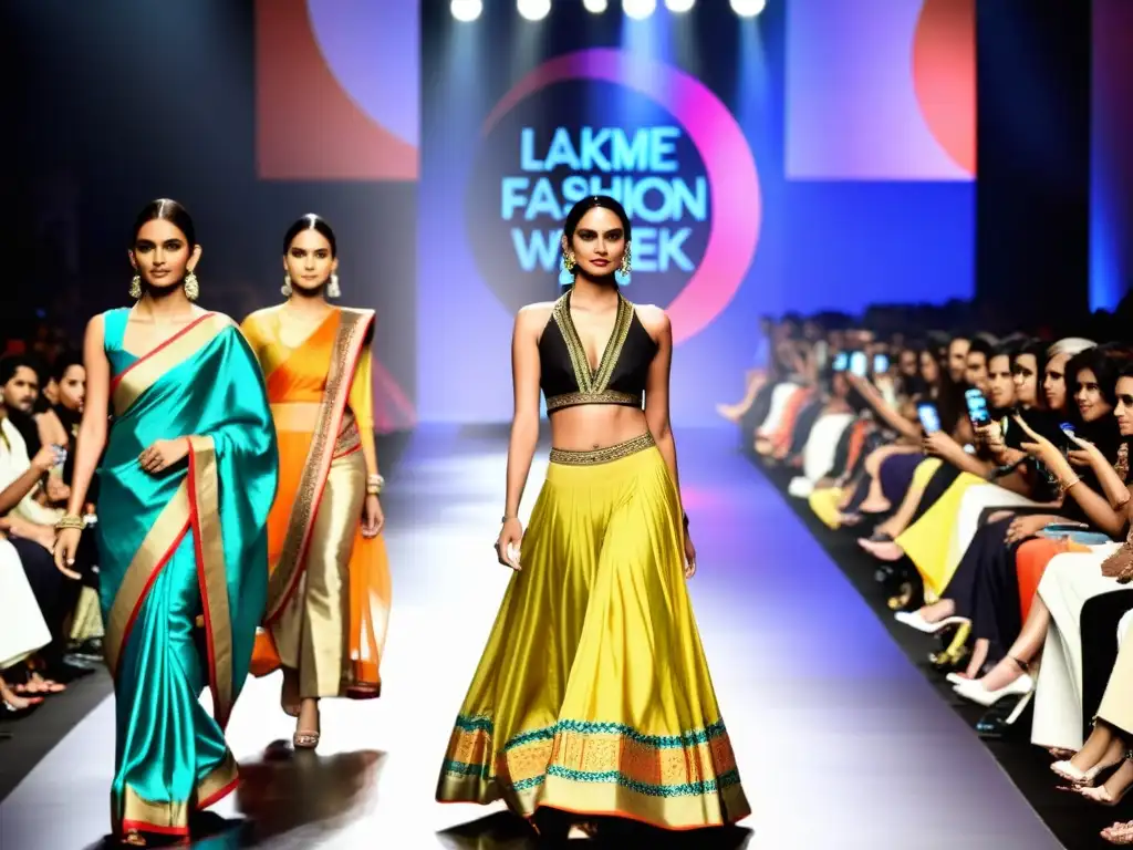 Desfile de moda vibrante en la Semana de la Moda Lakme en Mumbai, con modelos y diseño tradicional y moderno