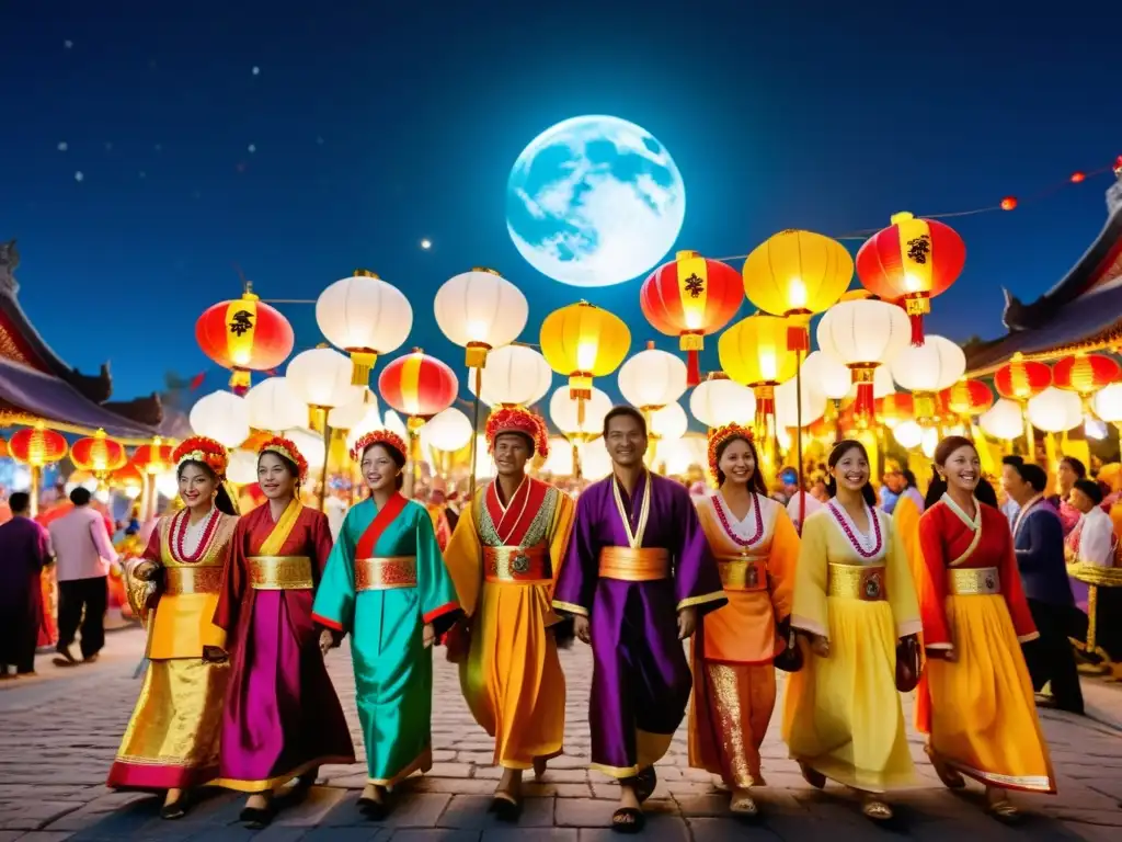 Desfile nocturno de personas con trajes tradicionales y linternas, creando una atmósfera mágica en el Festival de la Luna tradiciones