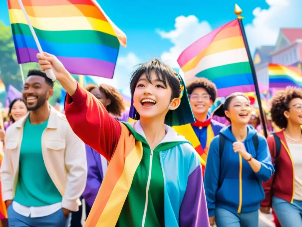 Un desfile vibrante y colorido de personajes de anime diversos ondeando banderas del orgullo LGBTQ+