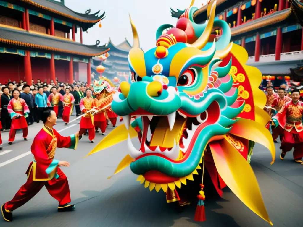 Un desfile vibrante de la Danza del Dragón en una ciudad china, con trajes intrincados y coloridos