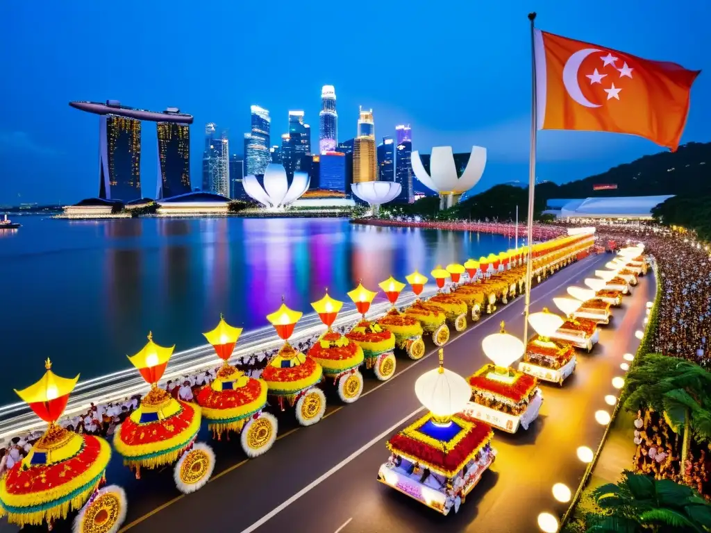 Desfile vibrante y diverso del Festival Chingay Parade en Singapur, con trajes tradicionales y coloridas actuaciones culturales