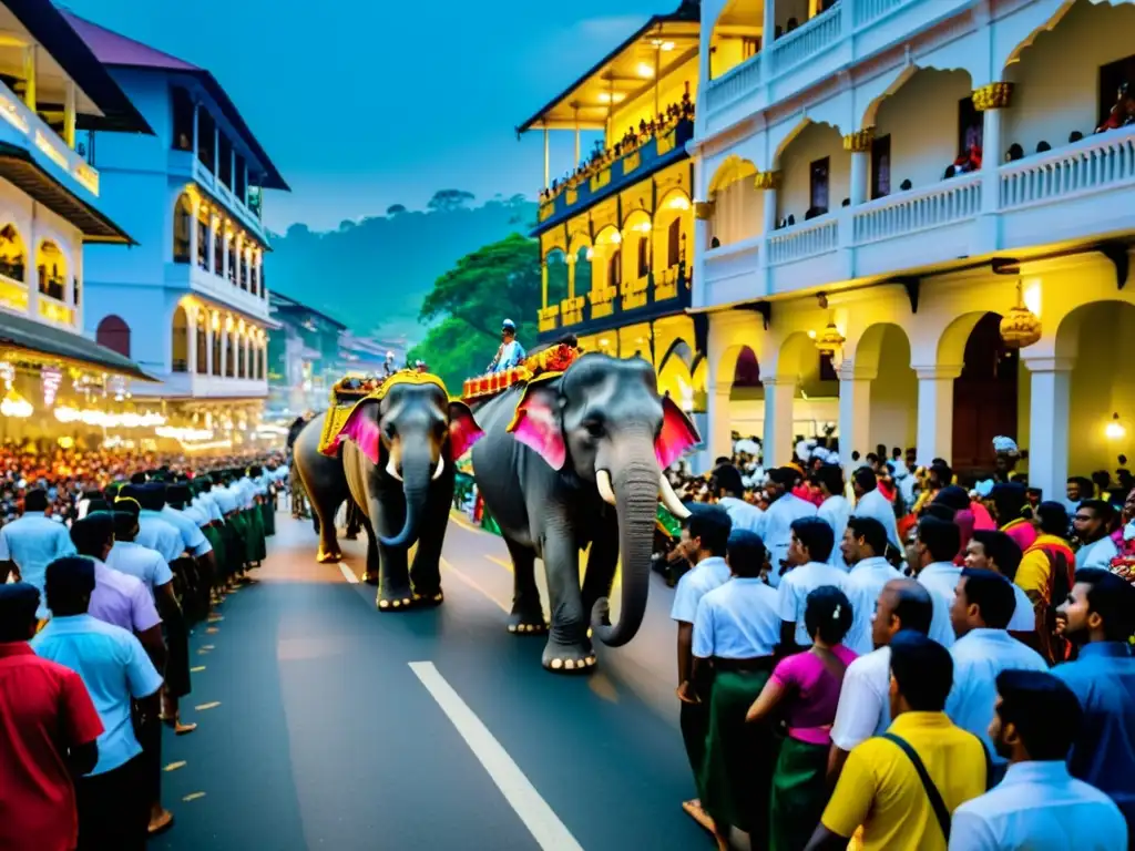 Desfile vibrante de elefantes adornados y bailarines durante el Festival de Kandy Esala Perahera en Sri Lanka