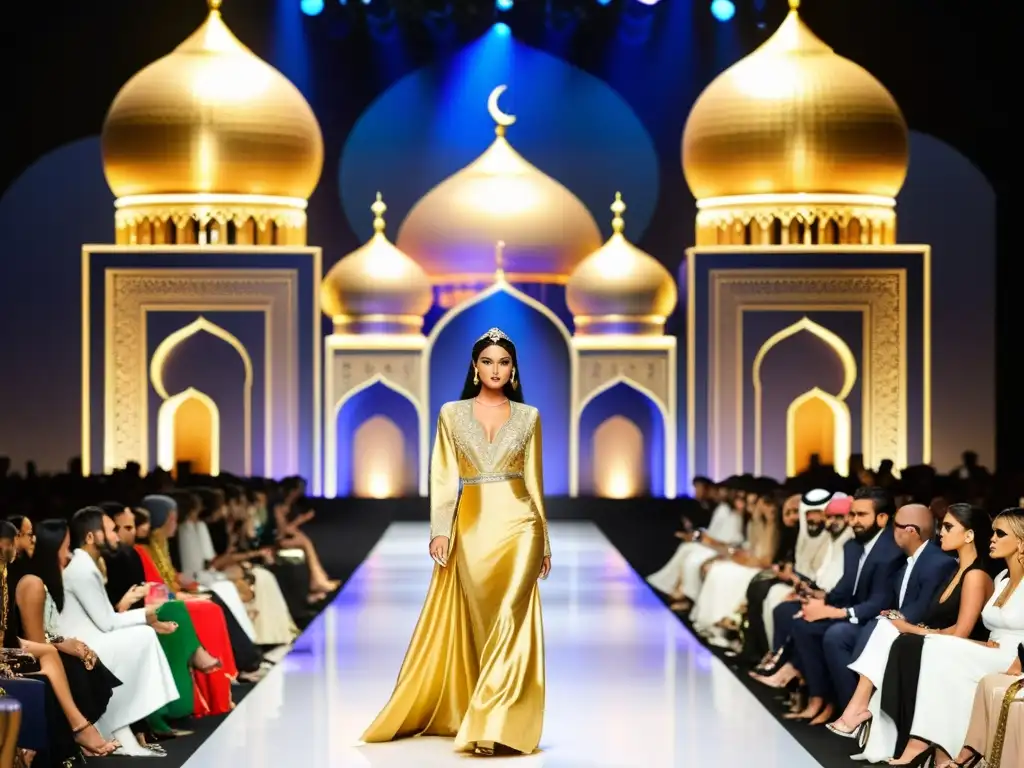 Desfile vibrante en la Semana de la Moda de Dubai con diseños lujosos inspirados en Medio Oriente, bordados dorados y sedas fluidas