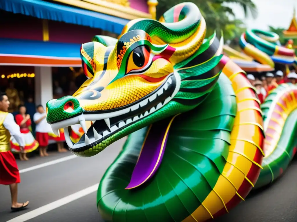 Desfile vibrante de serpientes en el Festival de la Serpiente Tailandia, con carros alegóricos y espectadores entusiastas