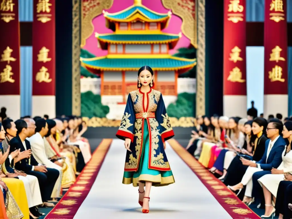 Desfiles de moda de lujo en Asia: Imagen detallada de una pasarela bulliciosa con modelos luciendo exquisitos trajes tradicionales