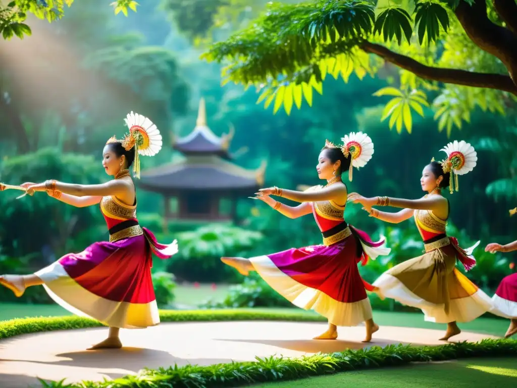 Una deslumbrante actuación de danza tradicional Lanna en un exuberante jardín, mostrando el arte tradicional del reino de Lanna