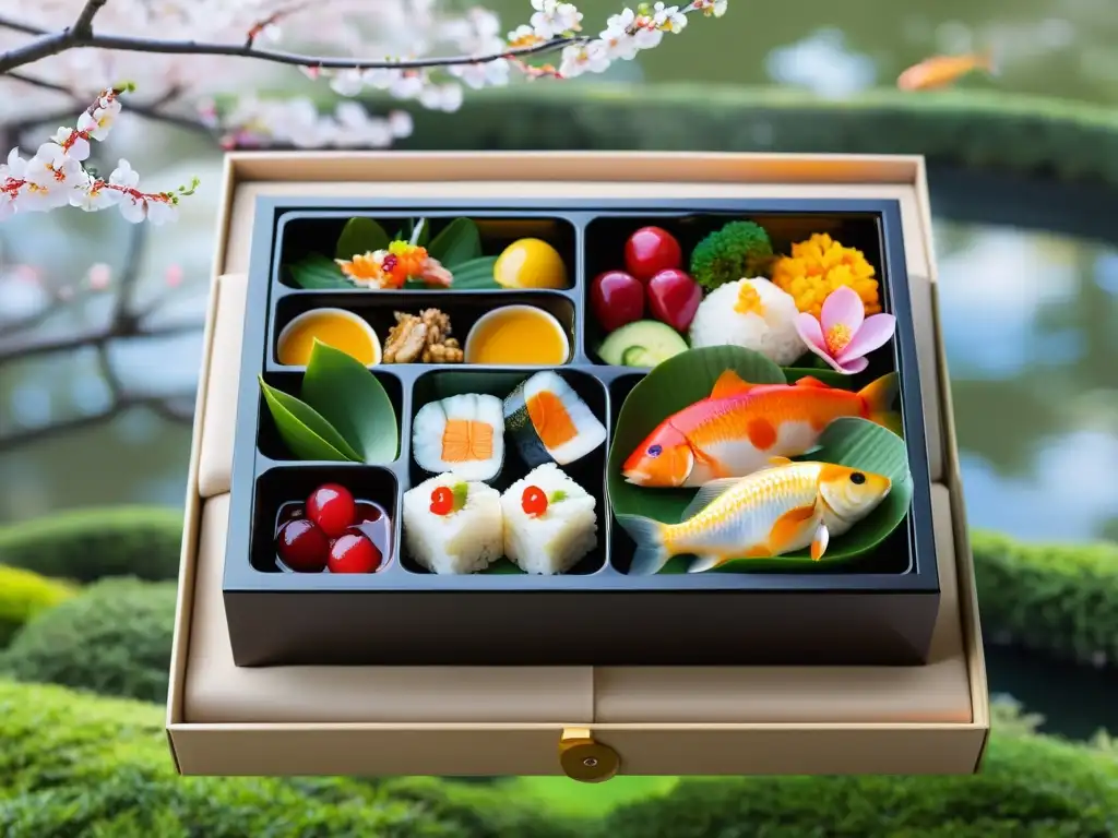 Un deslumbrante bento japonés resalta la belleza y diversidad de la cocina asiática, con un fondo de jardín japonés sereno y vibrantes cerezos en flor