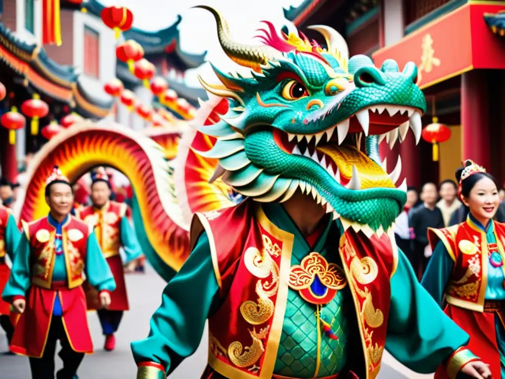 Deslumbrante danza del dragón en festival chino, con trajes coloridos y energía festiva