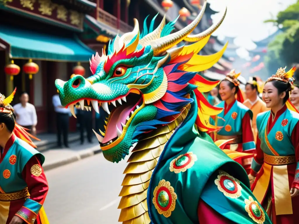 Un deslumbrante desfile de danza del dragón Wushu Competencias recorre la bulliciosa ciudad, cautivando a los espectadores con su colorido y tradición