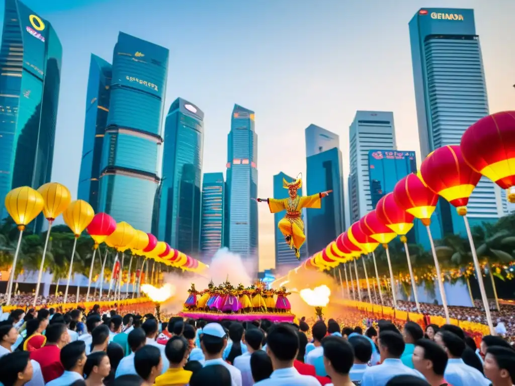 Deslumbrante desfile del Festival Chingay Parade en Singapur con carros alegóricos, bailarines y acróbatas