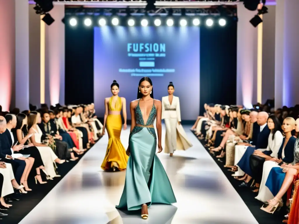 Un deslumbrante desfile de moda de lujo asiático, con diseños vanguardistas inspirados en Asia y una audiencia exclusiva