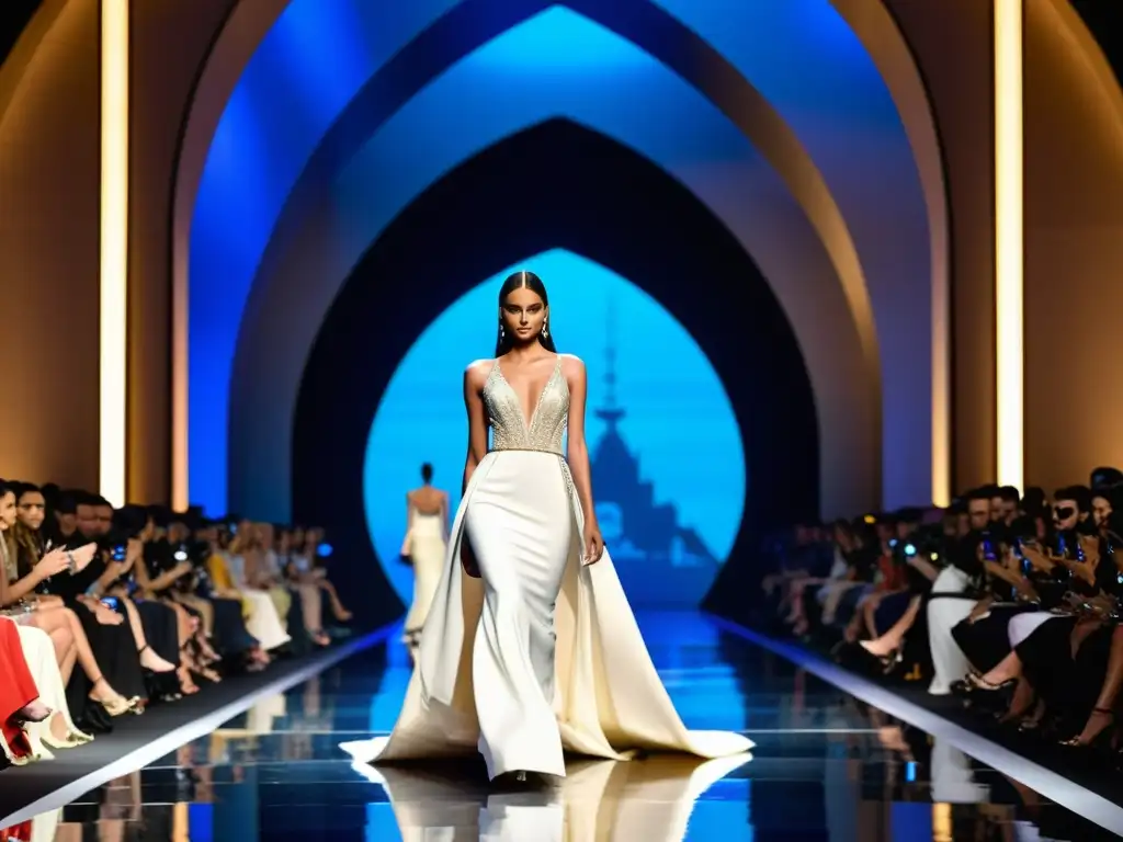 Deslumbrante desfile en la Semana de la Moda de Dubai: un vestido de alta costura lujoso y detallado, capturando la esencia de la moda en la ciudad