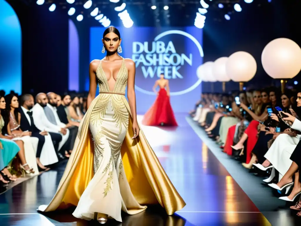 Deslumbrante desfile en la Semana de la Moda de Dubai con modelos en elegantes vestidos de alta costura, luces vibrantes y una audiencia cautivada