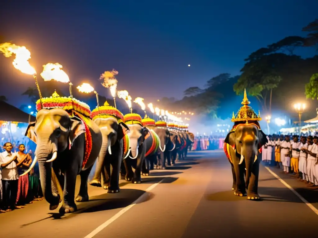 Deslumbrante procesión de elefantes en el Festival de Kandy Esala Perahera en Sri Lanka, iluminado por antorchas y una atmósfera mística