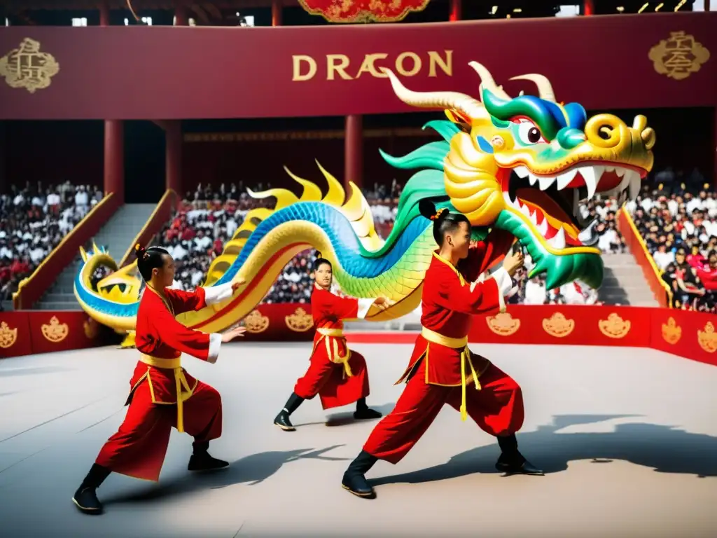 Un deslumbrante espectáculo de Danza del Dragón Wushu Competencias, con artistas en trajes vibrantes manejando un largo dragón en un evento cultural