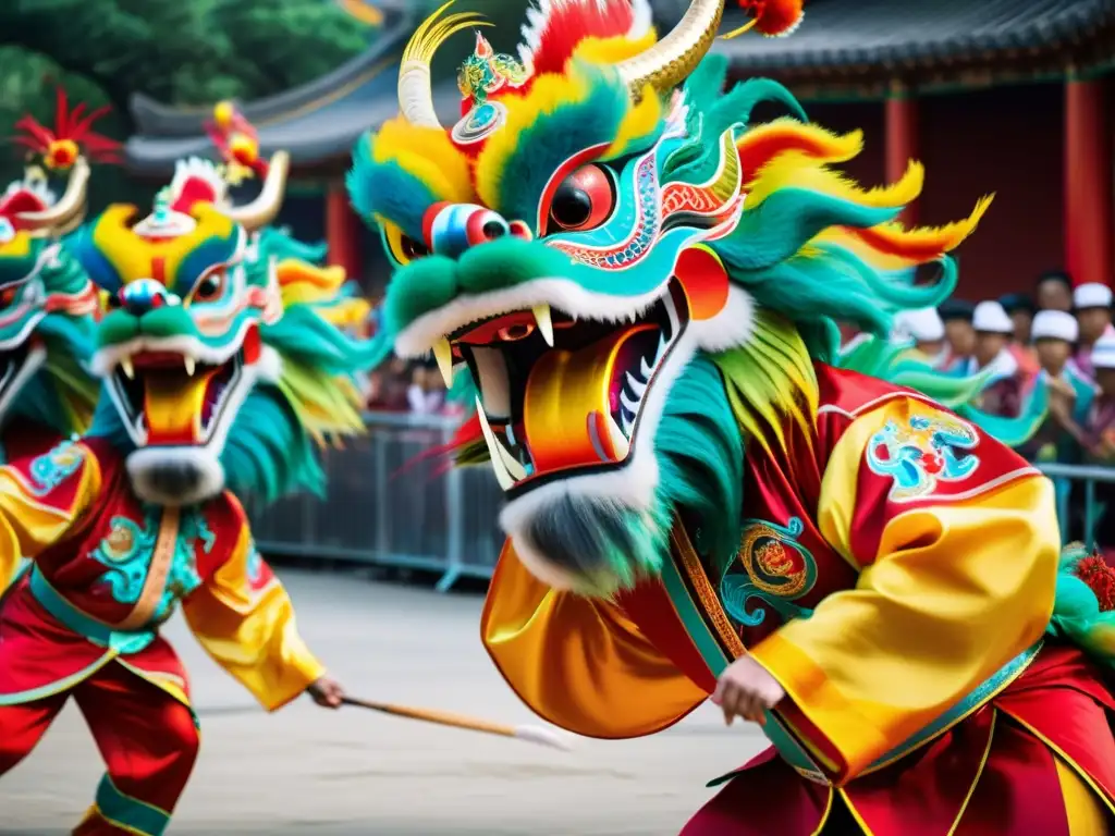 Un deslumbrante espectáculo de Festividades Tradicionales Chinas, con la danza del dragón y trajes coloridos en una bulliciosa calle