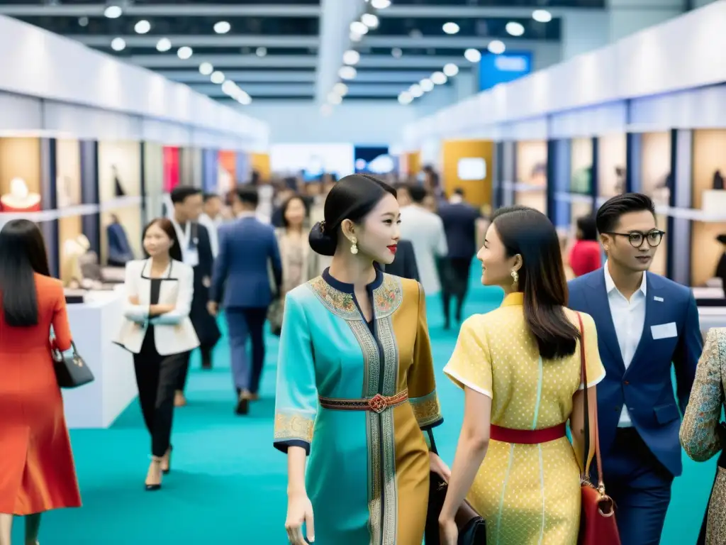 Deslumbrante feria de moda en Asia, con tendencias de lujo y elegantes asistentes explorando las colecciones de diseñadores internacionales