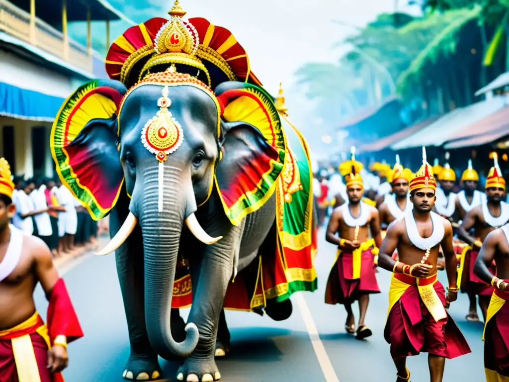 Deslumbrante Festival de Kandy Esala Perahera en Sri Lanka: elefantes adornados, músicos y danzantes en vibrante procesión nocturna