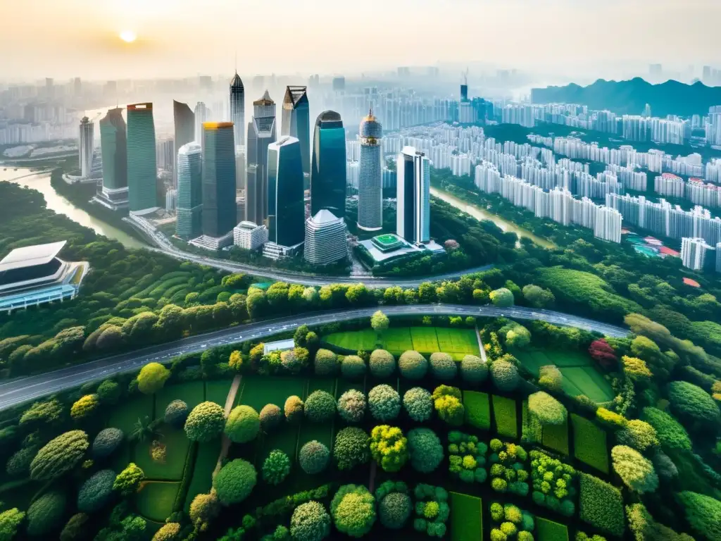 Un deslumbrante paisaje urbano en Asia, con rascacielos y vegetación exuberante