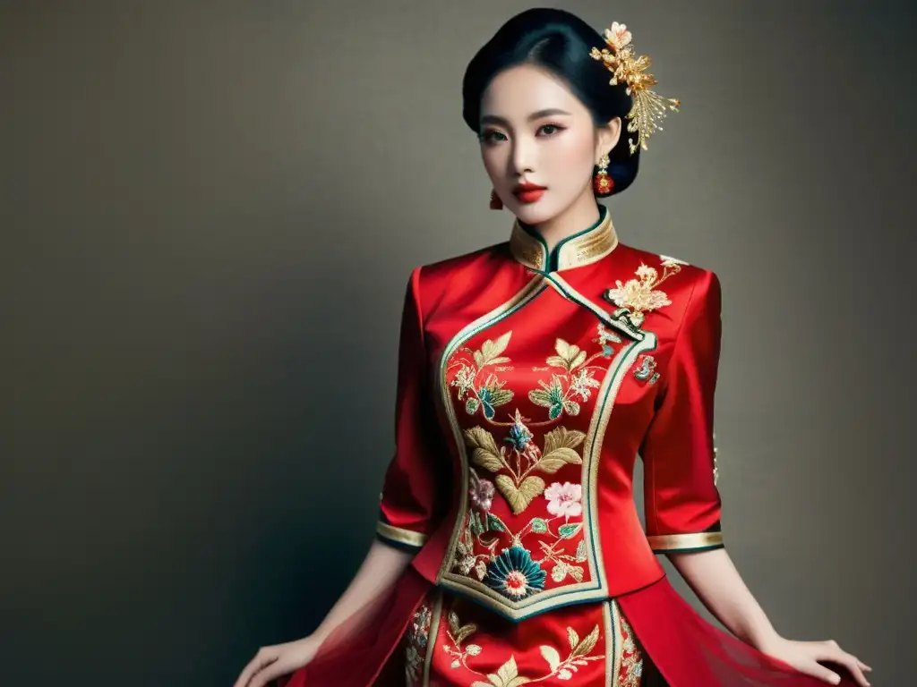 Deslumbrante qipao chino bordado con hilo de oro y seda vibrante, exhibiendo las tendencias en Alta Costura Asiática con elegancia y sofisticación