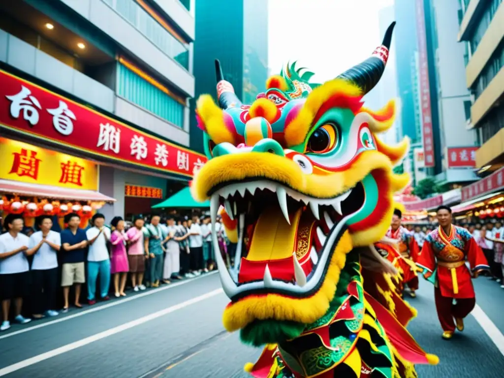 Un deslumbrante renacer del dragón Hong Kong cobra vida en una danza tradicional vibrante, capturando la energía de la ciudad