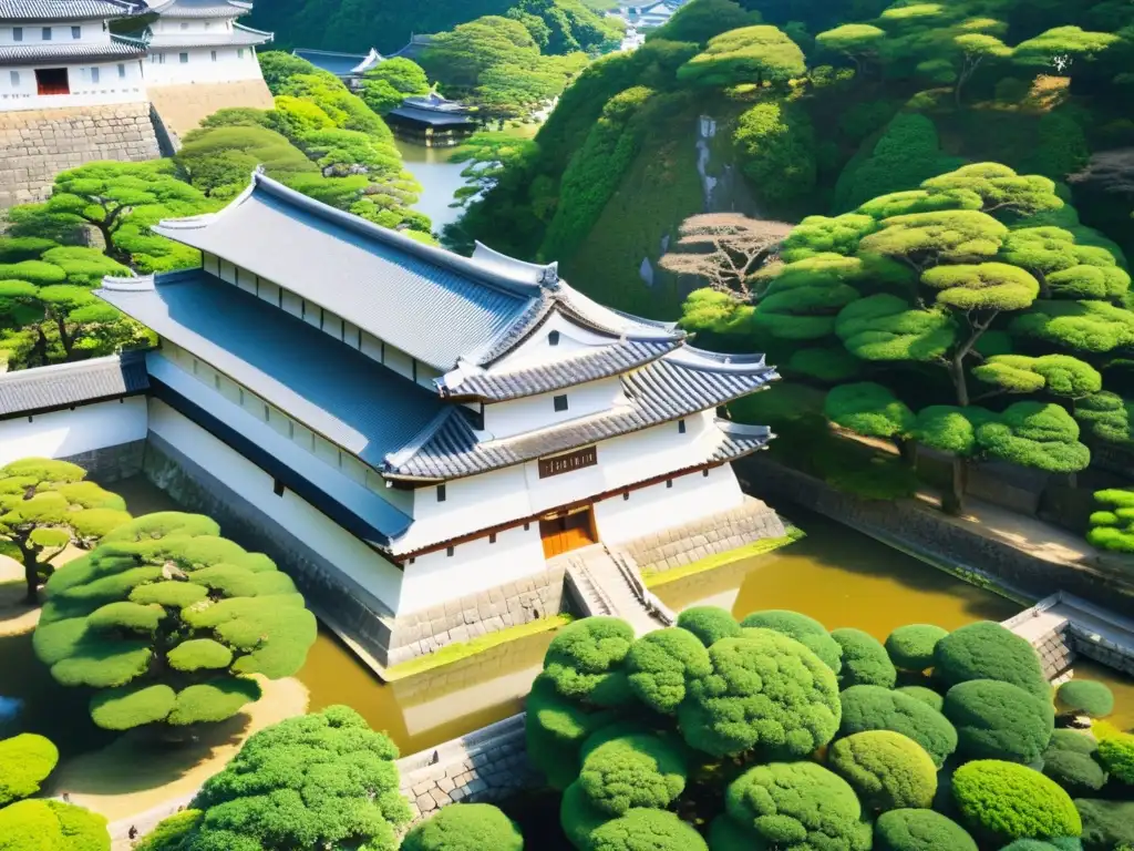 Himeji Castle: Esplendor japonés en altura Una deslumbrante vista aérea del Castillo de Himeji, destacando la arquitectura de castillo samurái en Japón con visitantes en trajes tradicionales