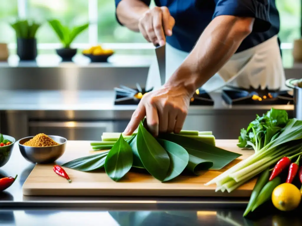 David Thompson prepara con destreza una receta asiática en una cocina moderna, rodeado de ingredientes frescos y vibrantes