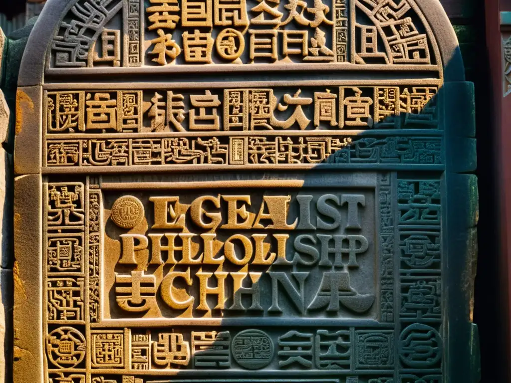 Detallada fotografía de una antigua tableta de piedra tallada con inscripciones y patrones chinos, iluminada por el cálido sol, mostrando la riqueza de la filosofía china clásica y su impacto duradero en la sociedad