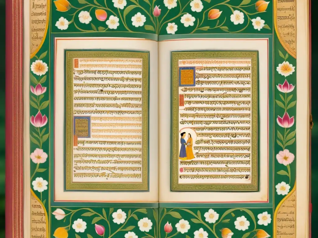 Una detallada ilustración en un antiguo manuscrito de poesía clásica india amor, con caligrafía sánscrita y escenas románticas en un jardín exuberante