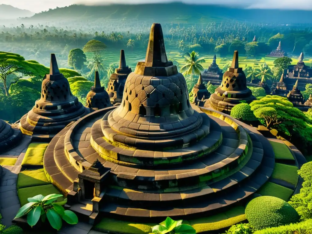 Fotografía detallada del antiguo templo Borobudur en Indonesia, destacando su arquitectura y la influencia del Budismo en la región