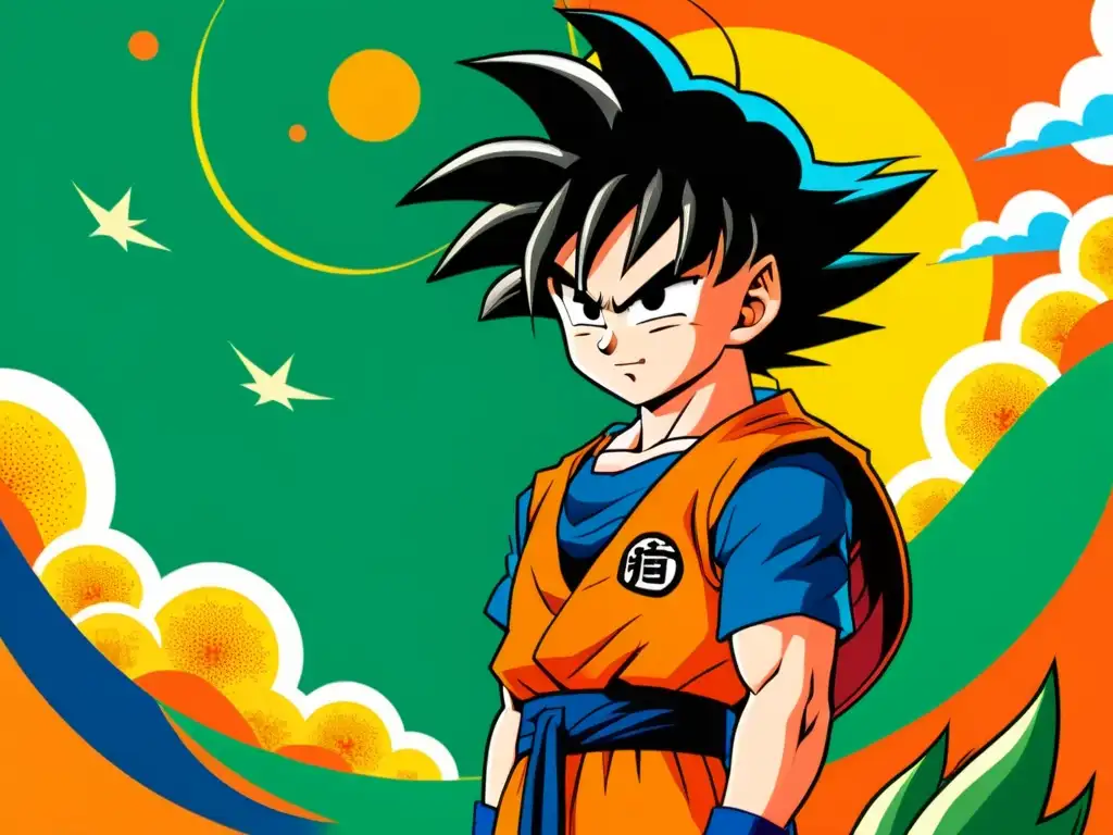 Ilustración detallada del arquetipo del héroe en Dragon Ball, mostrando la evolución de Goku con colores vibrantes y líneas intrincadas