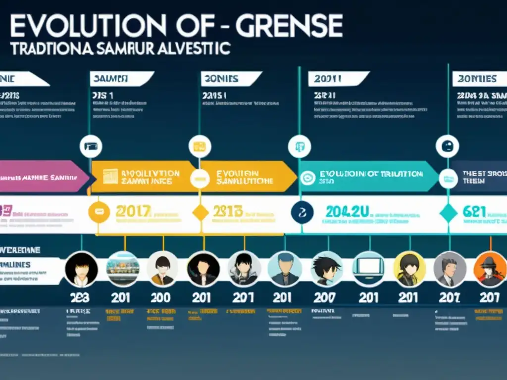 Detallada evolución géneros anime cultura asiática, desde samuráis hasta cyberpunk, con personajes icónicos y colores vibrantes