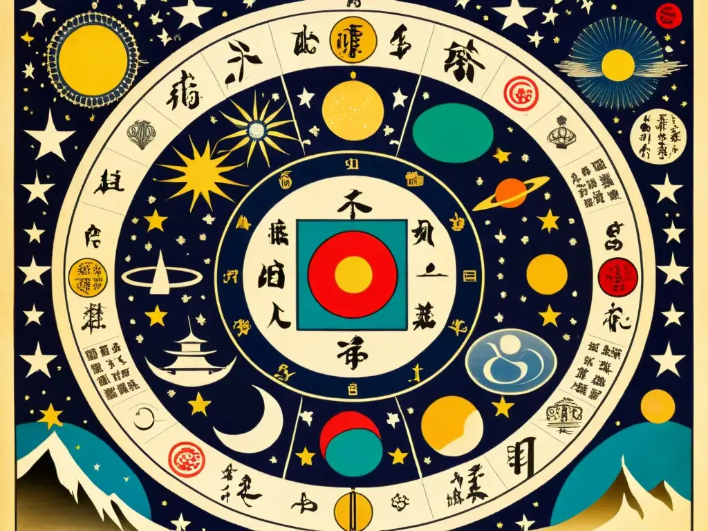 Detallada carta astral japonesa pintada a mano en pergamino, reflejando la cultura y la astrología de Asia