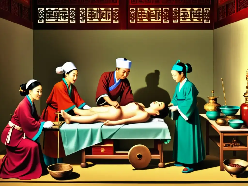 Ilustración detallada de Hua Tuo realizando cirugía en la antigua China, rodeado de asistentes atentos y utensilios médicos meticulosamente dispuestos