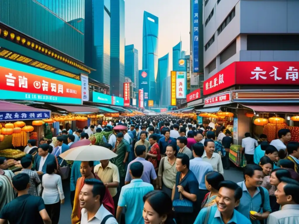 Una fotografía 8K detallada de una concurrida calle en una bulliciosa ciudad de Asia, capturando la energía vibrante del paisaje urbano