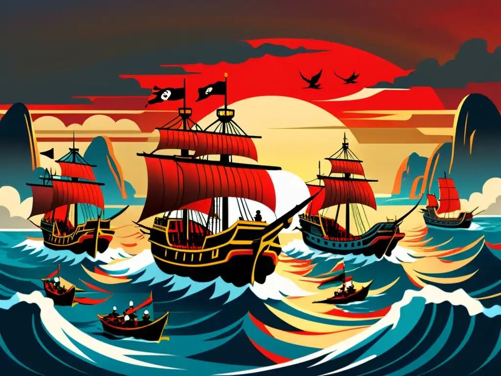 Ilustración detallada de un conflicto entre la Dinastía Ming y piratas japoneses en el mar de China Oriental al atardecer