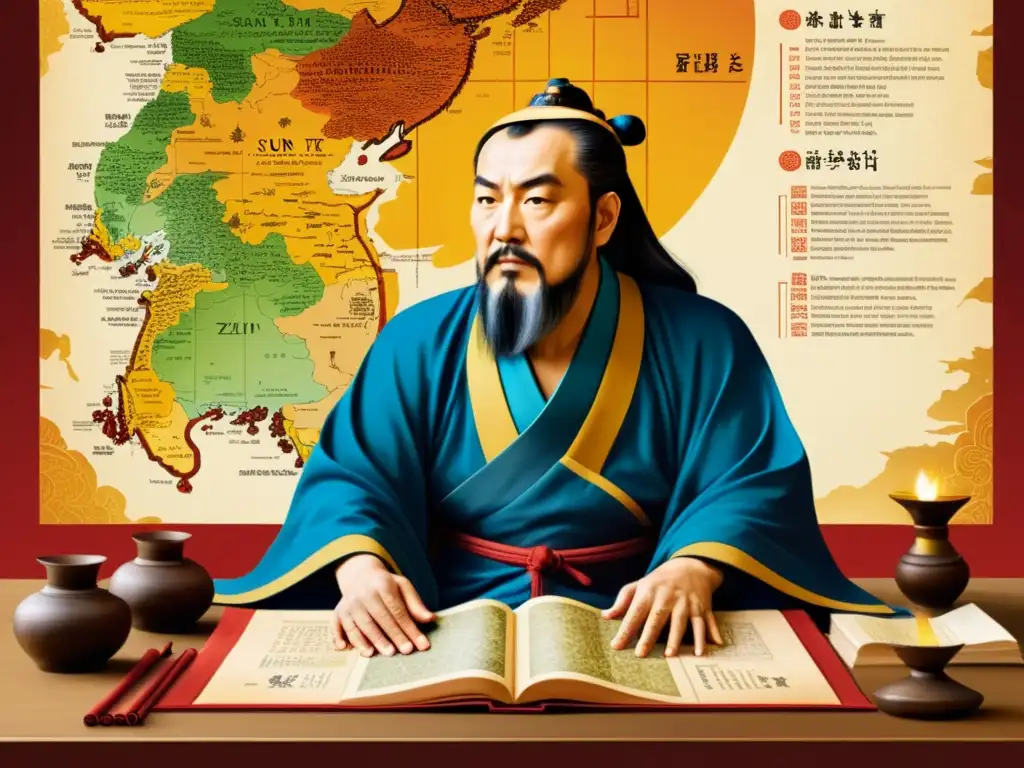 Una detallada ilustración de Sun Tzu en contemplación, rodeado de mapas y pergaminos, con expresión enfocada mientras planea estrategias de guerra