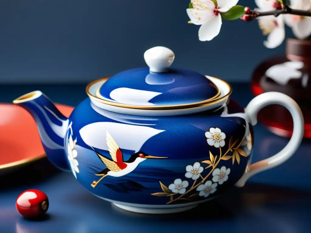 Una fotografía detallada de un delicado juego de té japonés pintado a mano, con motivos de cerezos y grullas en azul, rojo y dorado