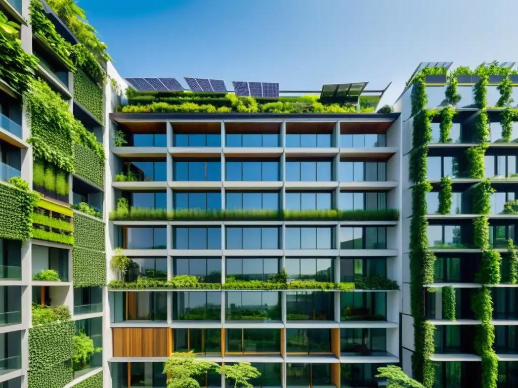 Una fotografía detallada de un edificio sostenible en un paisaje urbano asiático que muestra diseños arquitectónicos innovadores frente al cambio climático