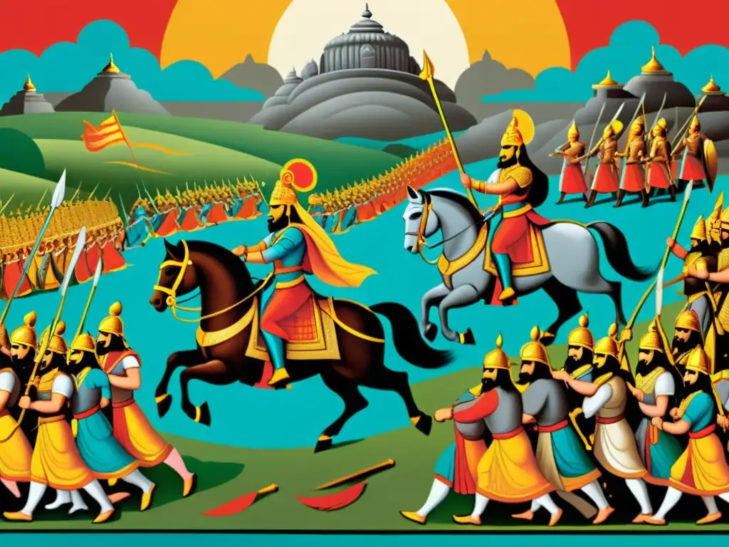 Ilustración detallada de la épica batalla del Mahabharata, con guerreros en armaduras y antiguas armas