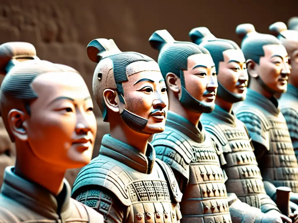 Detallada escultura de un guerrero de la obsesión Qin inmortalidad Guerreros Terracota, con expresión estoica y artesanía meticulosa