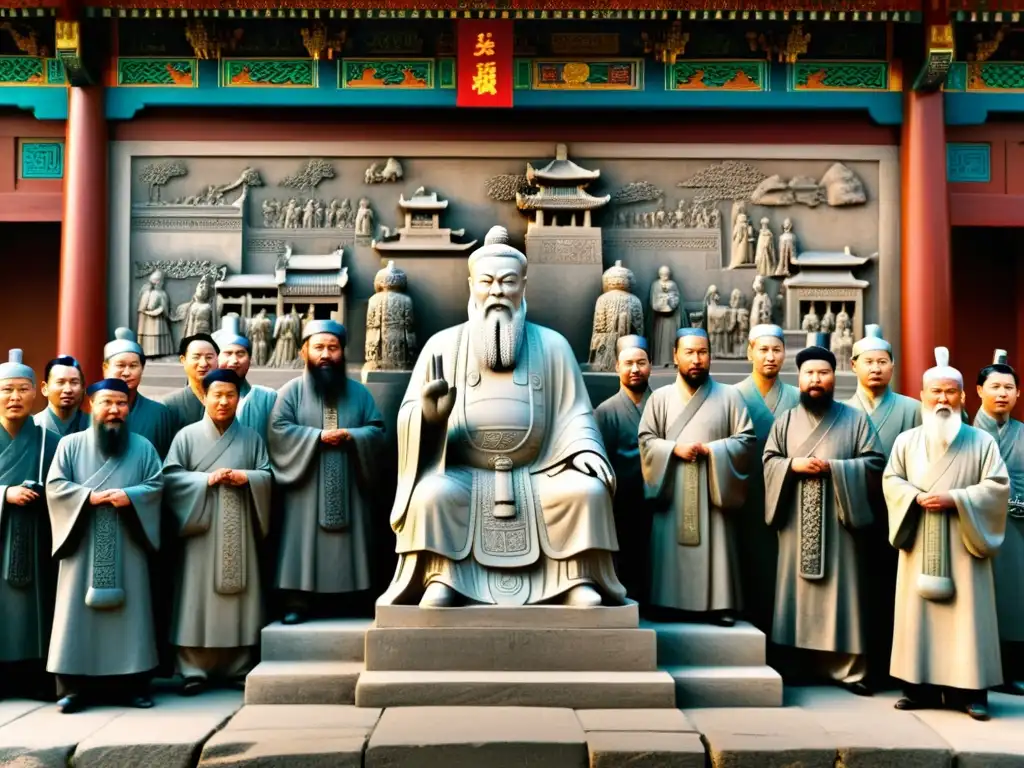 Detallada escultura en piedra de Confucio y funcionarios de la Dinastía Han, mostrando la propagación del pensamiento confuciano en la antigua China