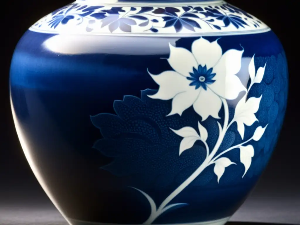 Una fotografía detallada de un exquisito jarrón de porcelana de la dinastía Ming, con patrones florales azules y blancos