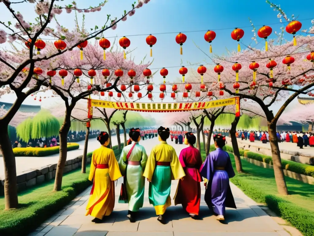 Fotografía detallada de la Fiesta de la Primavera Qingming con gente vestida de forma tradicional, rodeada de flores y árboles en flor