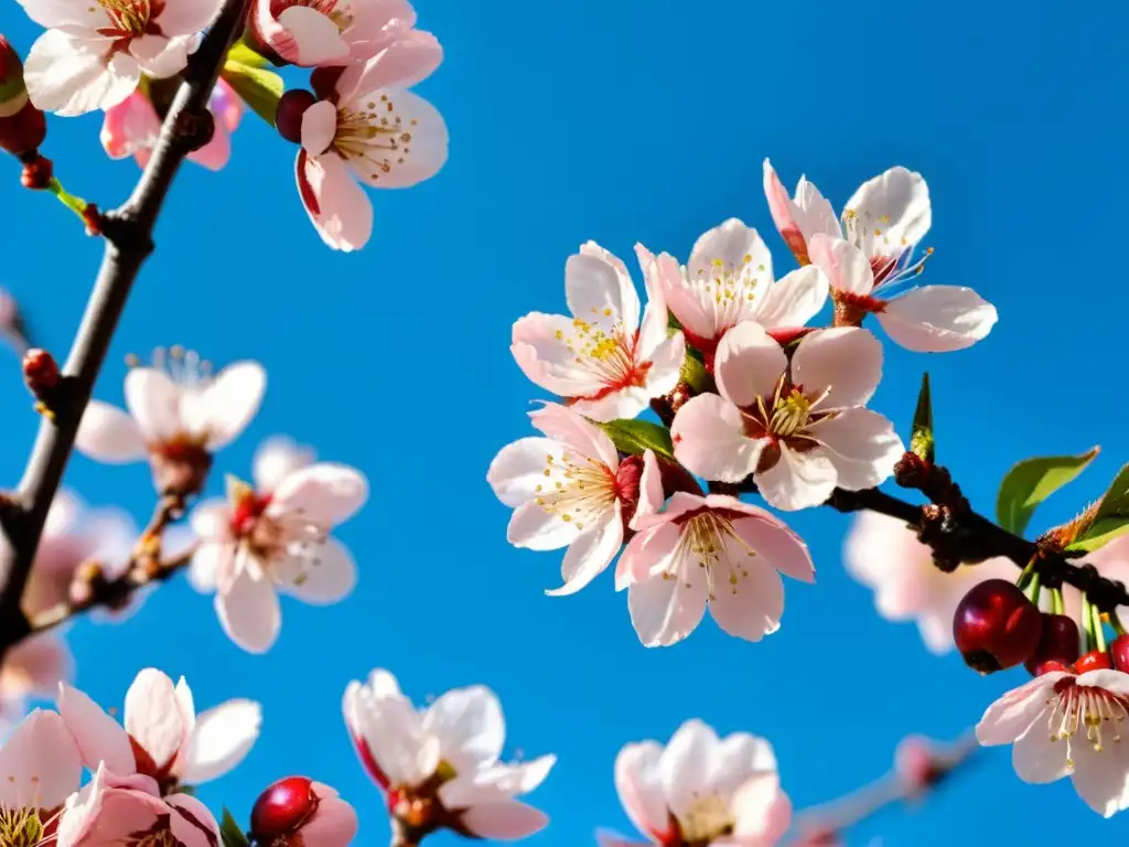 Detallada foto de cerezos en flor, con pétalos rosa vibrantes en contraste con el cielo azul