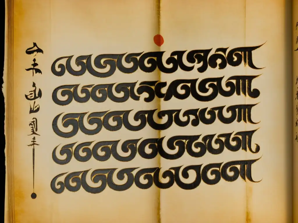 Detallada imagen de un antiguo manuscrito en sánscrito con la filosofía Madhyamaka Budismo de Nagarjuna, revelando su profunda enseñanza filosófica