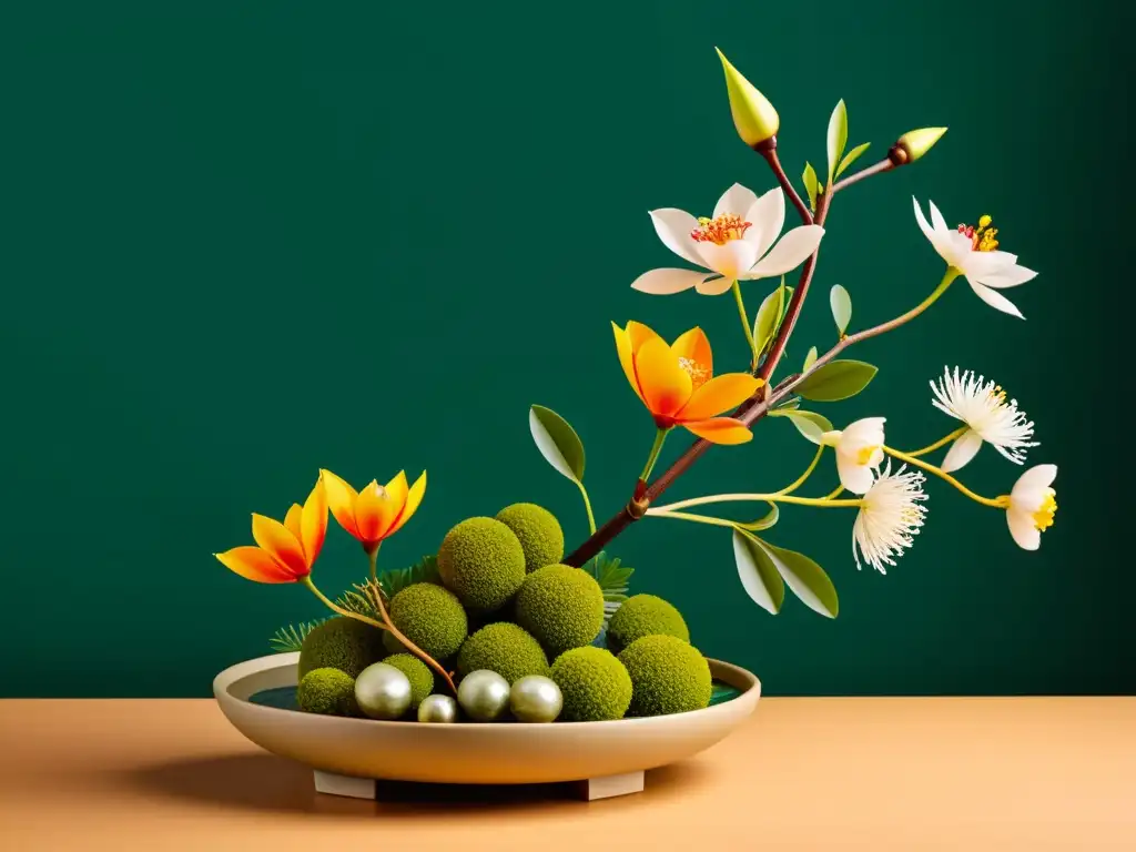 Una detallada imagen de un arreglo tradicional de Ikebana japonés, resaltando la armonía y equilibrio de ramas, hojas y flores