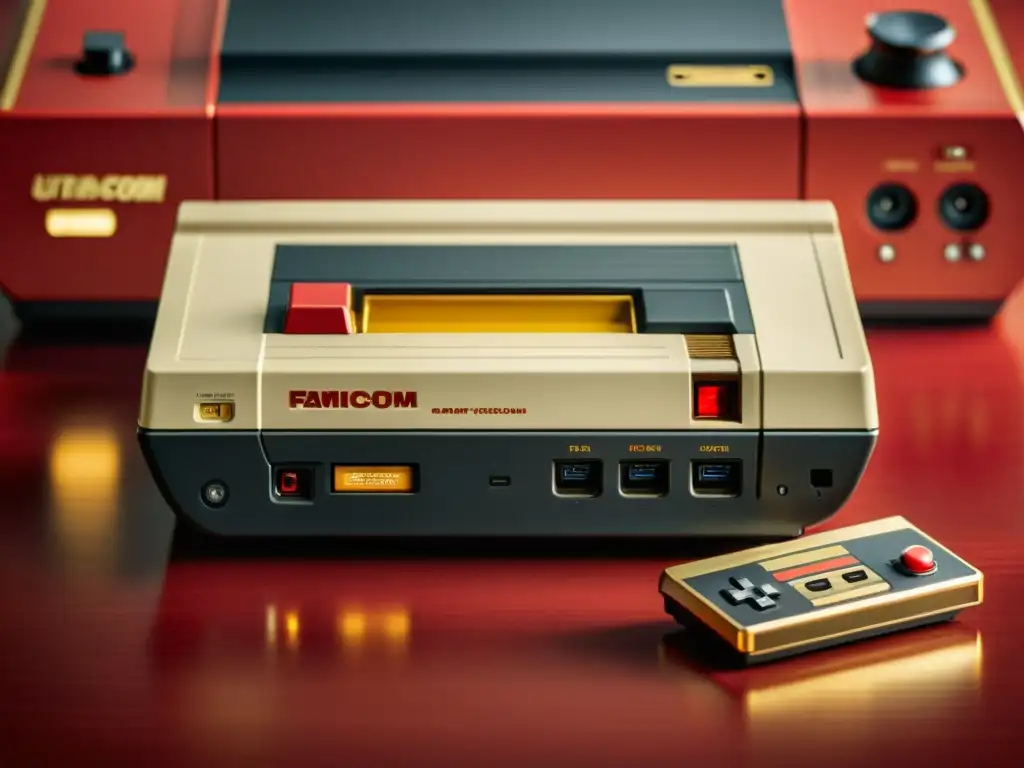 Detallada imagen de una consola Famicom japonesa vintage, con desgaste sutil y un poderoso atractivo nostálgico