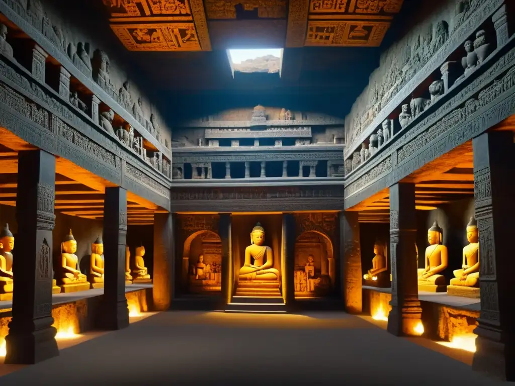 Detallada imagen 8k de las Cuevas de Ajanta en India, muestra arte y arquitectura del Imperio Gupta, con pinturas vibrantes y juego de luces y sombras